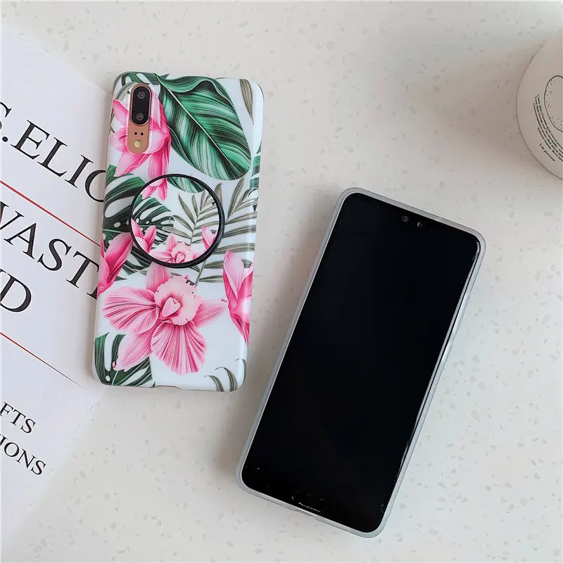 

Vintage green leaf Phone Case with Ring Foldable bracket For Samsung Galaxy note 10 S8 9 10 plus 10E A40/50/70 flower soft cover