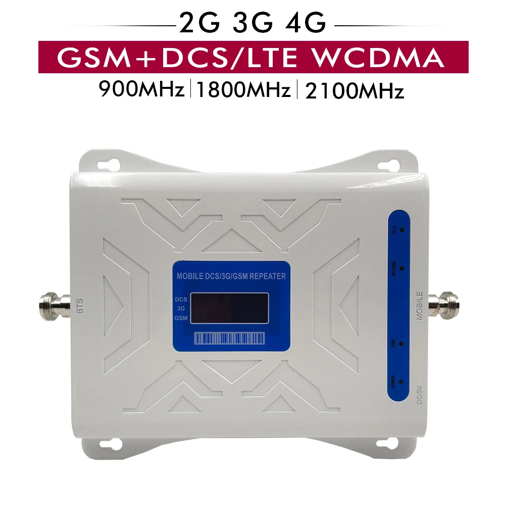 

Tri Band Repeater Cellular Mobile Signal Amplifier GSM 900+DCS/LTE 1800+UMTS/WCDMA 2100 for 2G 3G 4G Cell Phone Signal Booster