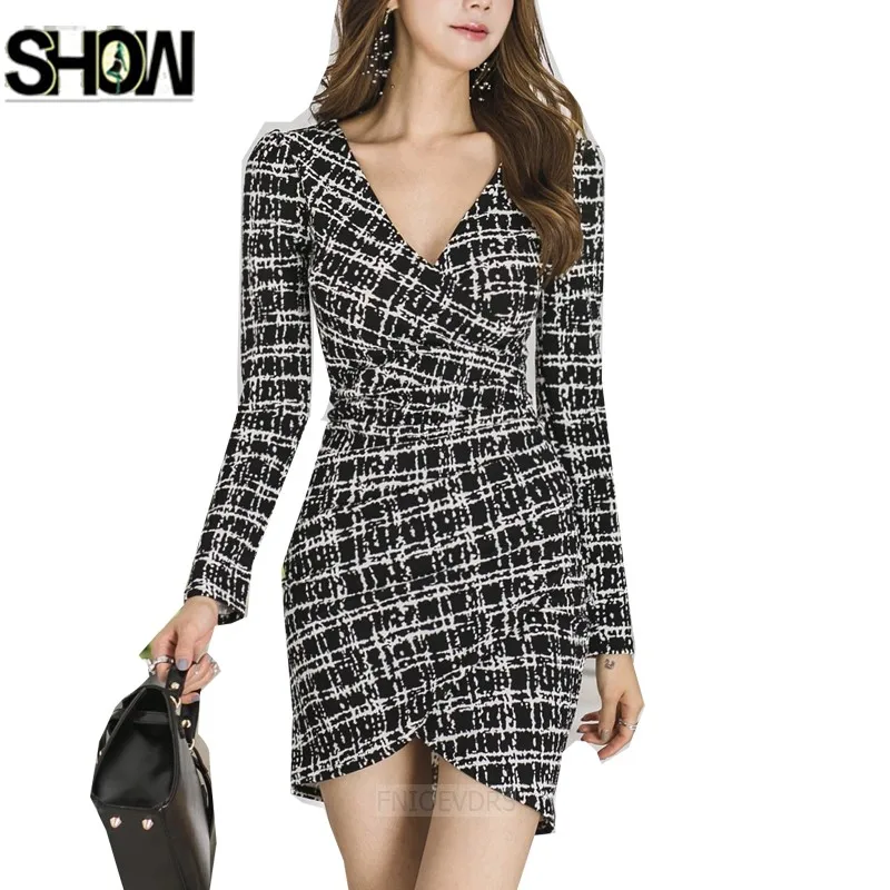 

Sexy Party Dresses Hot Women Fashion High Waist Elegant Office Work Wear Lady Deep V Neck Irregular Bandage Mini Dress