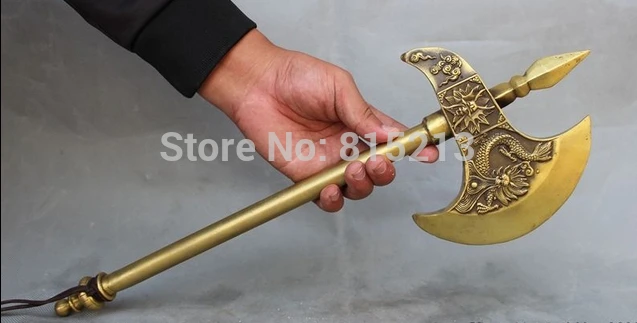 

bi00984 20" Chinese Bronze FengShui Dragon Head Statue Protect Weapon Axe Talismans