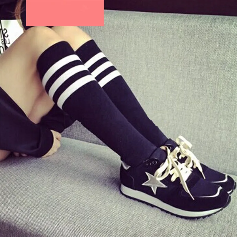 Winwinfly Haut en Dentelle pour Femmes sur Le Genou /à Rayures Chaussettes Bas Bas au Genou Bas en Coton Doux