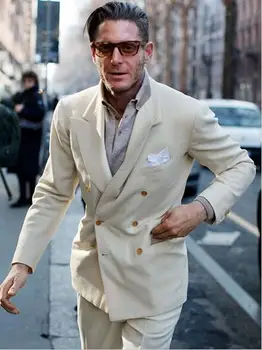 

2017 Latest Coat Pant Designs Creamy White Double Breasted Tuxedo Slim Fit Men Suit 2 Piece Suits Casual Blazer (Jacket+Pants)