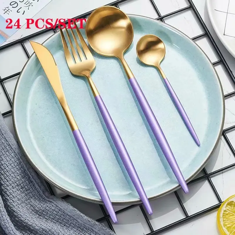 

Dinnerware Set Forks Knives Spoons Steel Cutlery Set Gold Cutlery Western Dinnerware 24pcs Stainless Steel Spoon and Fork