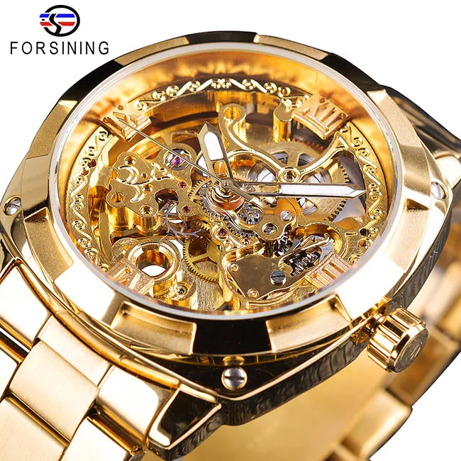GMT1091-5 Forsining Ретро Классический Королевский дизайн золотой скелет черный сталь прозрачный Мужские автоматические механические часы лучший бренд класса люкс - Цвет: GMT1091-5