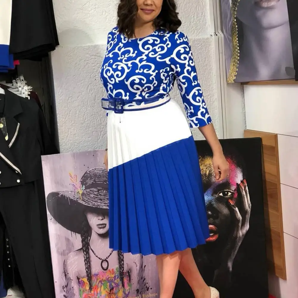 

Women Dress Printed Patchwork Summer Modest Ladies Elegant Robes Tunics African Fashion 2019 Femme Plus Size XXXL Navy Blue Pink