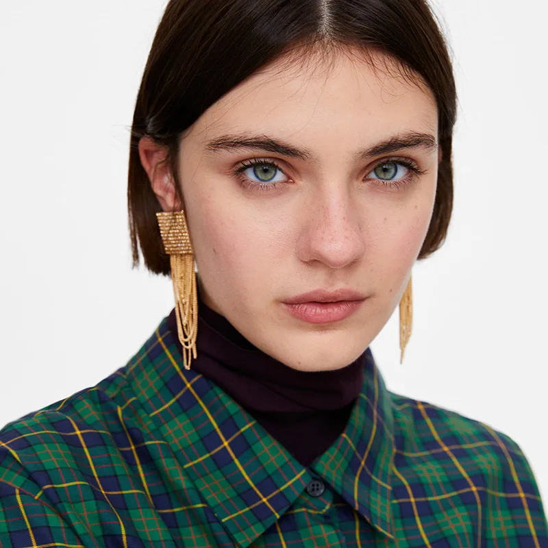 

Girlgo 2018 ZA Long Maxi Tassel Earrings For Women Geometric Square Crystal Dangle Drop Earrings Metal Chians Statement Jewelry