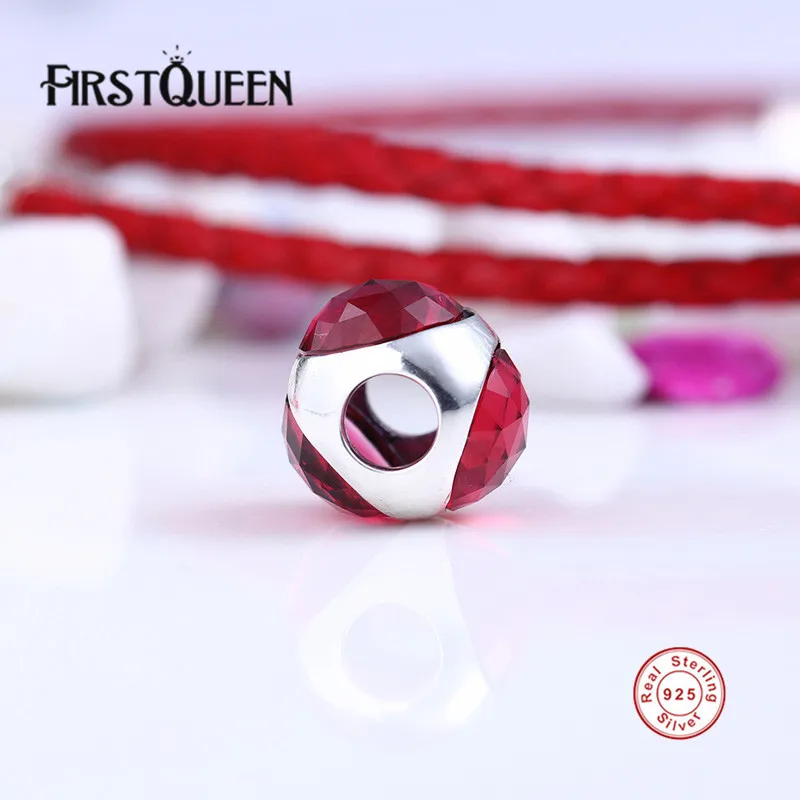 FirstQueen Настоящее серебро 925 проба Сияющие капли бусины с вишнево-красные стразы для оригинальной Подвески Браслет ювелирные изделия E