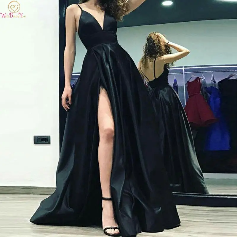 

Elegant V Neck Black Evening Dresses 2019 New Sleeveless Spaghetti Strap A Line Backless Satin Women Formal Party Long Gowns