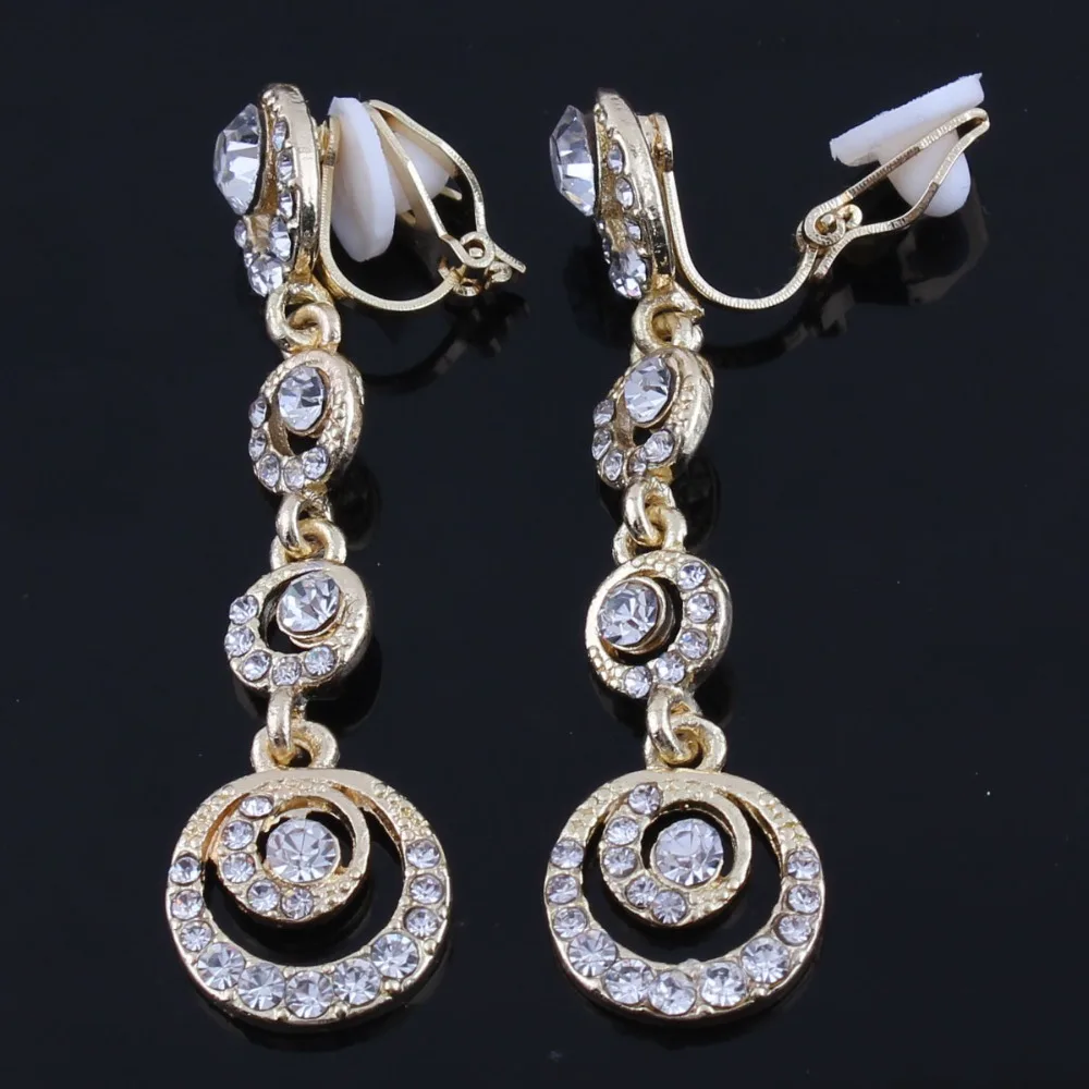 Grace Jun New Spring Style Long Alloy Rhinestone Moon Clip on Earrings No Pierced for Women Fashion No Hole Ear Clip Gifts ear clip earrings clip earrings ear clip