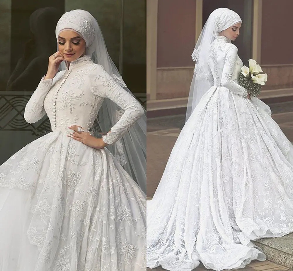 Мусульманское Винтаж Кружева Свадебные платья с хиджаб вуаль свадебные платья Высокий воротник Длинные рукава и пуговицы Vestido De Noiva Casamento