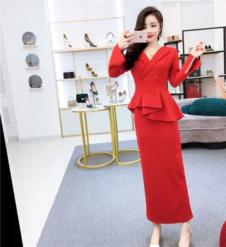 

Solid Colour Autumn Winter New Midi Dress Stylish Ruffles Dress Elegant High Waist Thin Women Dress Chic Vestido De Festa