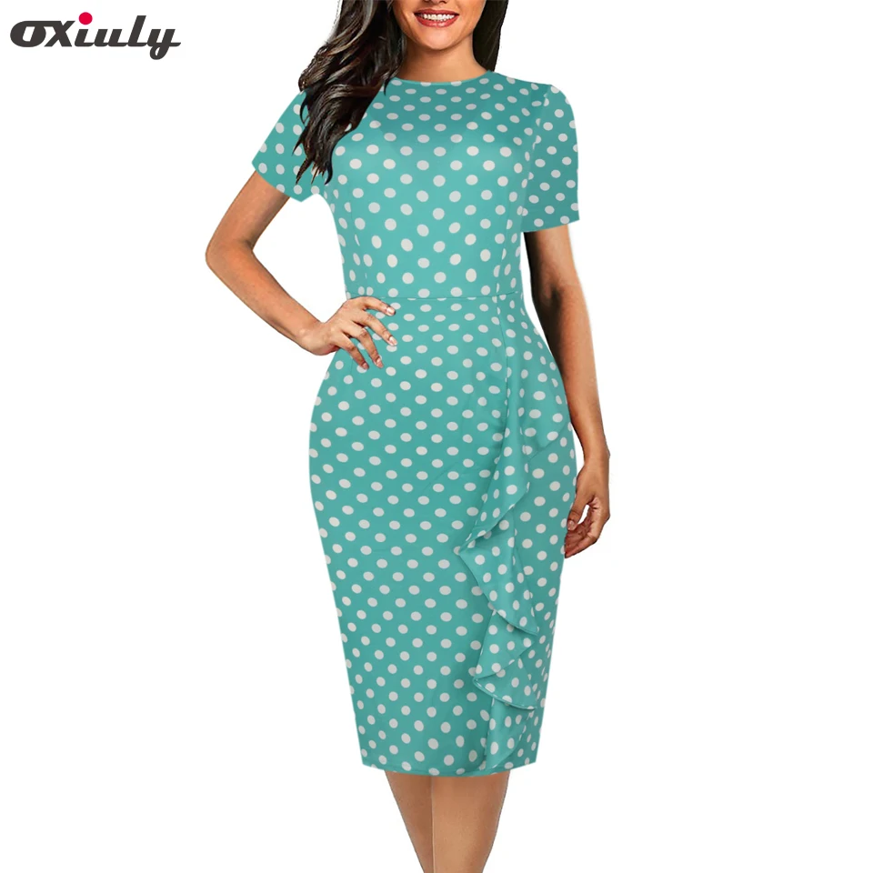

Oxiuly Women's Classic Stretchy Round Neck Polka Dot Cocktail Party Dress Office Work Business Pencil Sheath Dresses