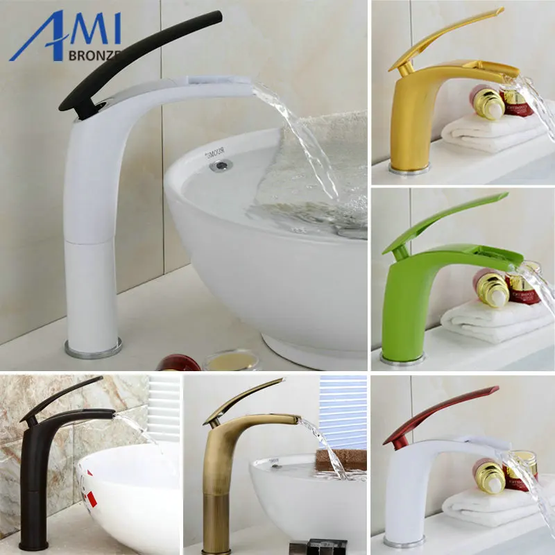 

Colorful Painted Basin Faucets Hot&Cold Mixer Bathroom Basin Tap Brass White/Black/Green/Nickel Waterfall Faucet 8 8086