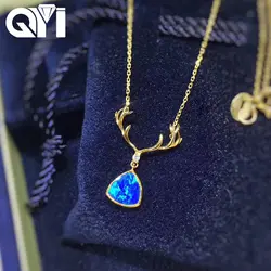 QYI женское ожерелье 18 К желтое золото опал ожерелье Lovly олень натуральный синий опал кулон для женщин обручение Свадебные украшения