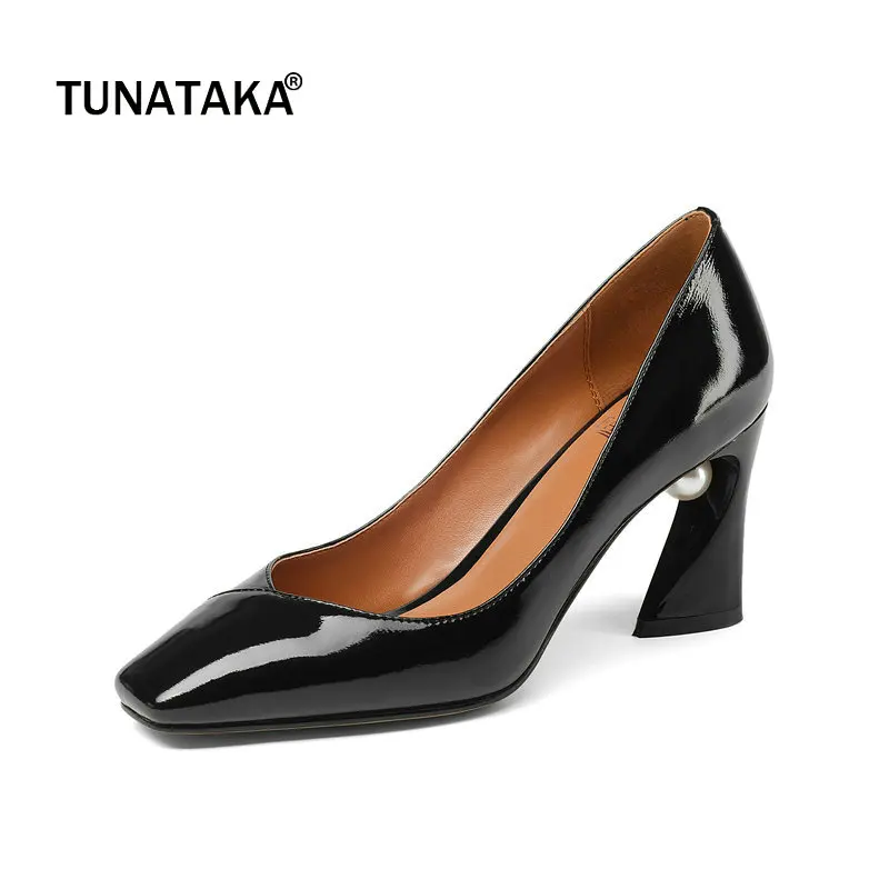 

2018 The New Genuine Leather Hoof High Heel Woman Lazy Pumps Fashion Square Toe Dress High Heel Shoes Woman Black Brown