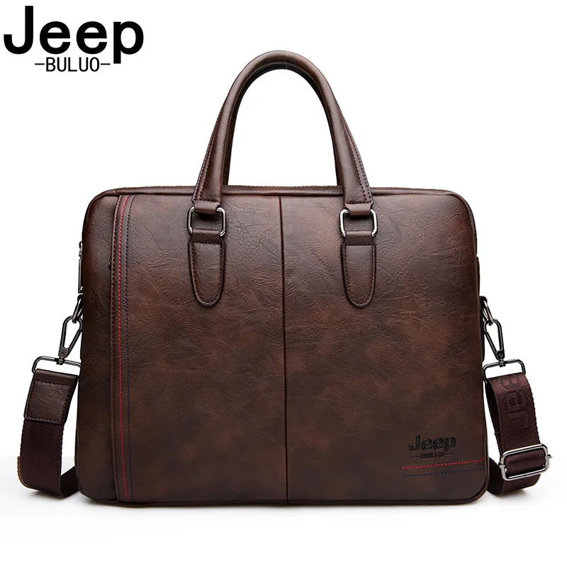 

JEEP BULUO BRAND Men's Briefcase Bags Business Case Office Handbag Split Leather Man Messenger Shoulder 14 inch Laptop Bag