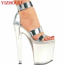 Модные женские туфли на высоком каблуке 8 дюймов пикантная обувь для танцев с кристаллами босоножки великолепные Серебристые блестящие туфли на высоком каблуке 20 см