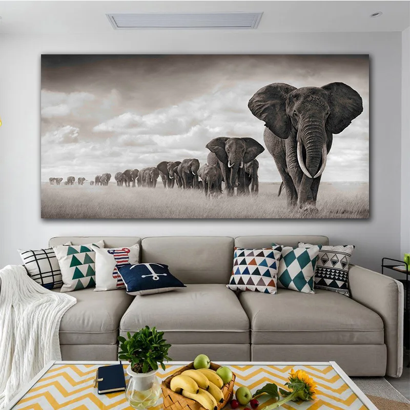 Modern Canvas Painting Nordic Posters And Prints Decoration Black And White Elephant Queue Art Wall Picture For Living Room