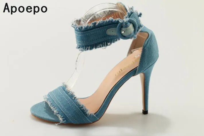 

New fashion blue denim sandals for women open toe high heel ankle wrap buckle strap ladies casual party sweet sandals shoes