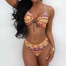 2 шт купальник женский с прокладками бюстгальтер стринги цветная нашивка Бикини Набор Высокая Талия пуш-ап пляжный купальный костюм
