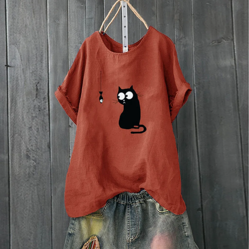 Свободные женские рубашки OSTRICH с рисунком кошки Повседневная пляжная винтажная