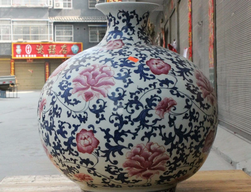 

18" Chinese Palace WuCai porcelain peony flower Statue Bottle Vase Pot Jar Tank