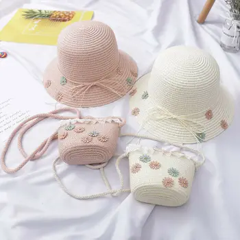 

2pcs Girl Kids Beach Bucket Breathable Cap Straw Sun Hat+Shoulder Handbag Bag Gifts