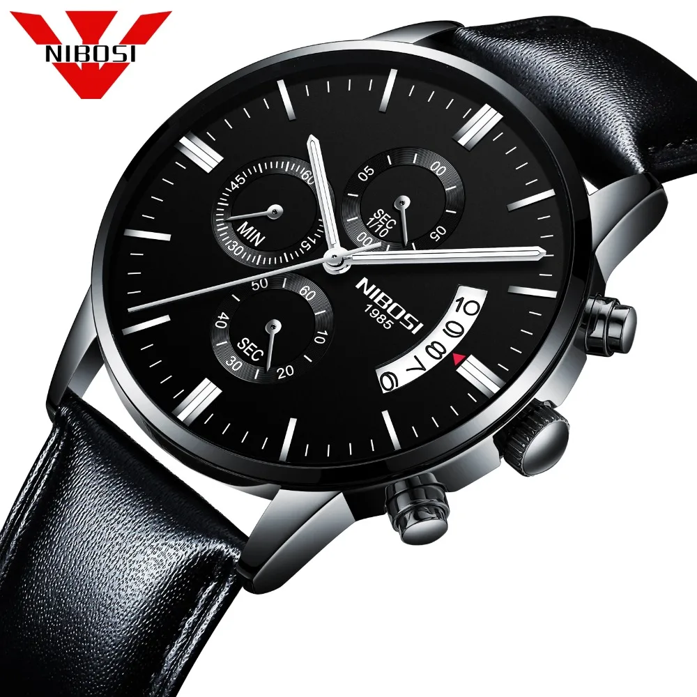 

NIBOSI Men's Watch Leather Wristwatches Business Male Sport Simple Calendar Clock Chronograph Quartz Movement Relogio Masculino