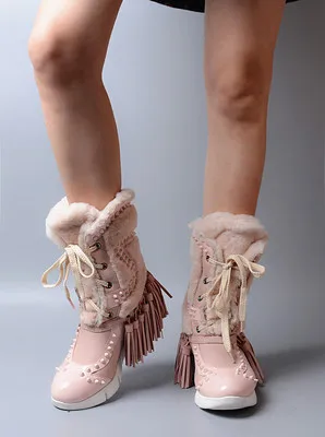 Pink Prova Perfetto; Новое поступление; короткие зимние сапоги на плоской подошве с кисточками; ботильоны из натуральной кожи на шнуровке с шерстью; хлопковая обувь в Корейском стиле - Цвет: Pink