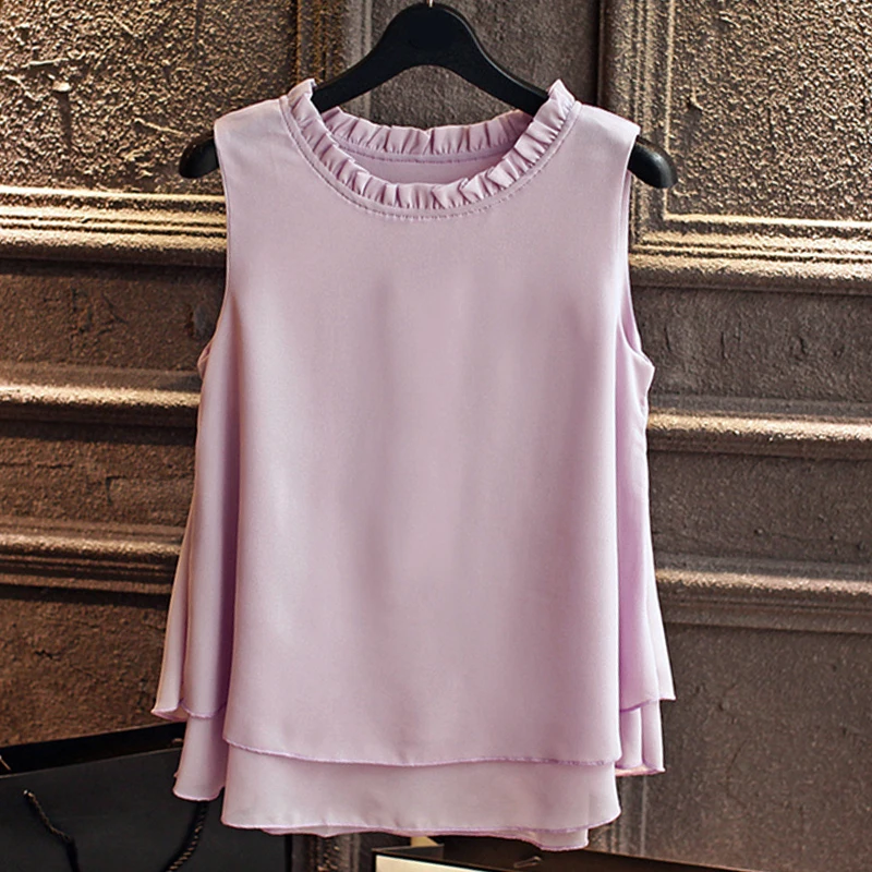 2019 Summer New Fashion Double layer Women Chiffon blouse Ruffled collar blouses Loose sleeveless Chiffon shirts Female tank