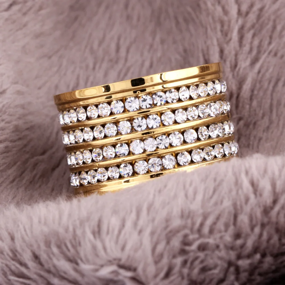 Monla shining full 4 Row Crystal rhinestone Gold Stainless Steel Couple Wedding rings for men and Women