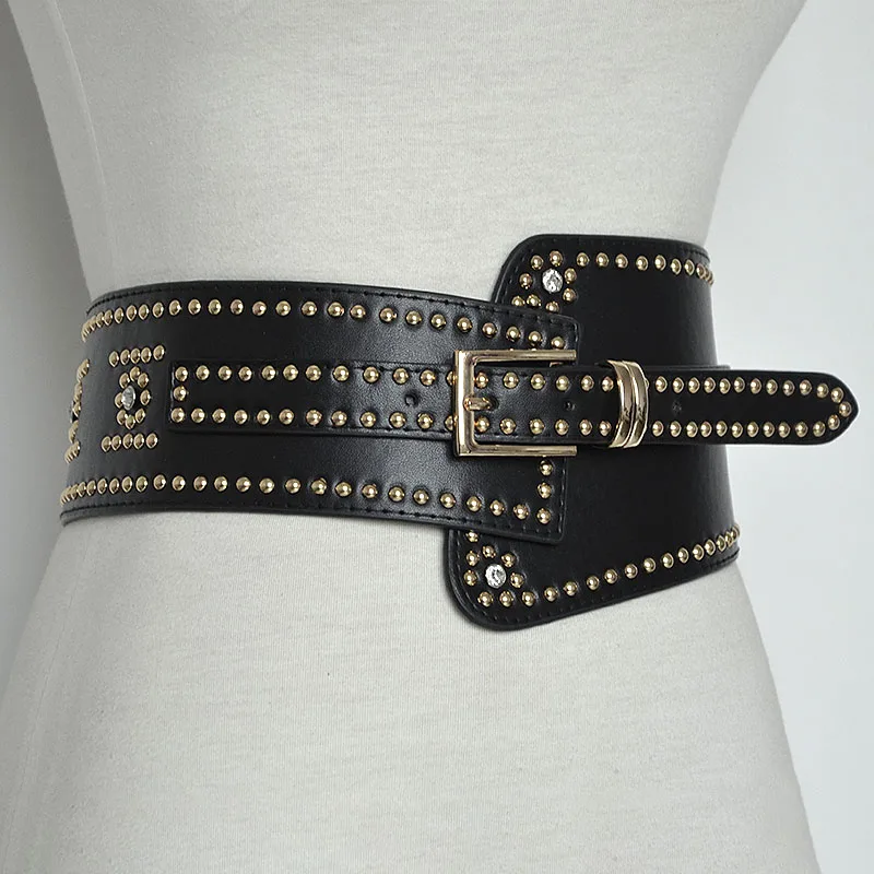 Роскошный женский широкий кожаный ремень в стиле панк с заклепками и пряжкой дизайнерские ремни из искусственной кожи эластичная лента-пояс крутой Bg-477 - Цвет: Black