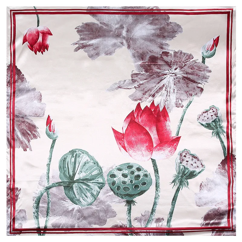 

2019 New Fashion Brand Scarf For Ladies Lotus Pond Silk Scarf Women Square Bandana Large Hijab Female Shawl Scarves Warps