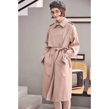 

ARTKA 2018 Autumn and Winter New Solid Pink Double-breasted Back Embroidery Loose Waist Women's Trench FA10181Q