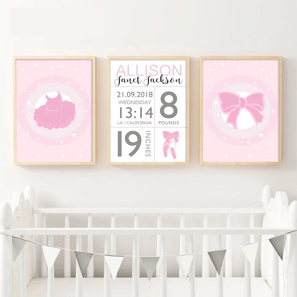

Baby Birth Stats Custom Poster Cartoon Pink Nursery Canvas Art Print Painting Wall Picture Girls Room Decoration