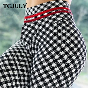 

TCJULY Fashion High Waisted Plaid Leggings Flex Skinny Push Up Workout Pants Breathable Quick Dry Stretchy Fitness Leggins Women