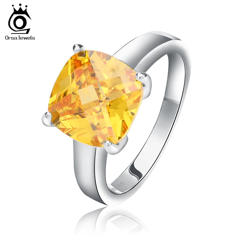 ORSA JEWELS 4 ct Cushion Cut Yellow Zircon Ring New Arrival Silver Color Trendy Rings for Women Anniversary Gift OR55