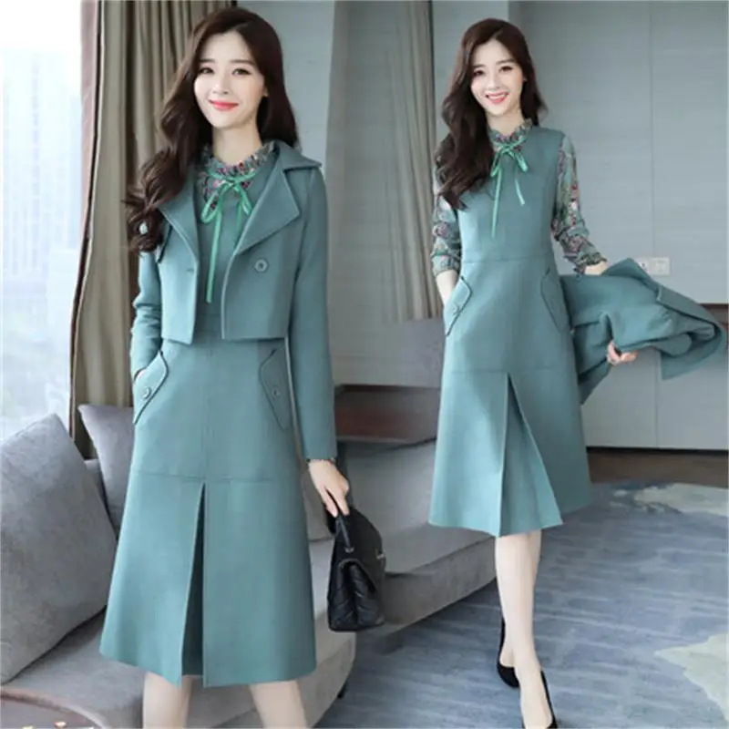 

2019 autumn and winter new women's fashion Slim temperament woolen dress three-piece