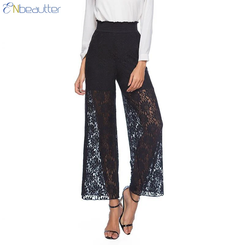 

ENbeautter 2018 New Women's Wide Leg Pants Plus Size Black Lace Long Trousers Female Fashion Casual Loose Elastic Waist Pants