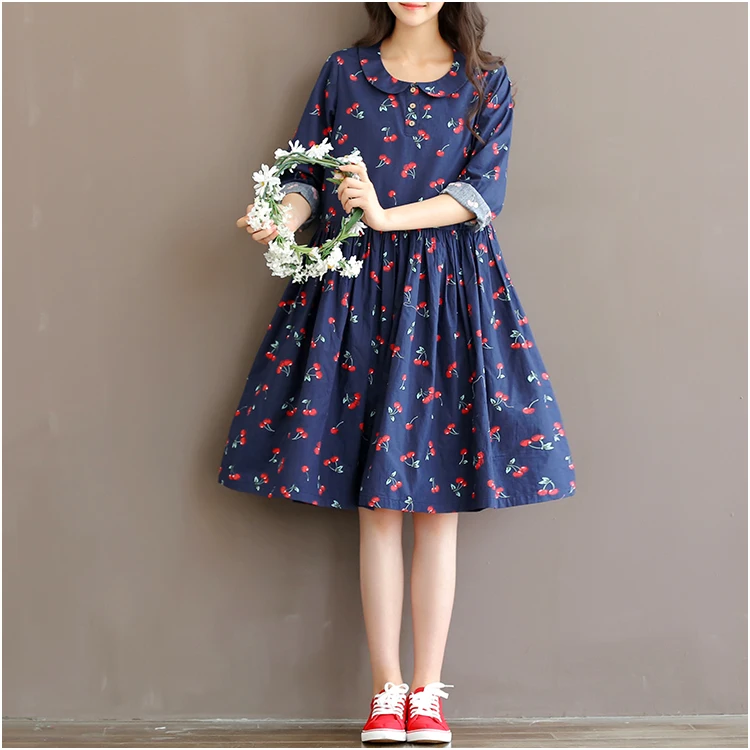 

Mori Girl Sweet Dress Spring Autumn Women Peter Pan Collar Cherry Floral Print Long Sleeve Dresses Female Blue Clothing