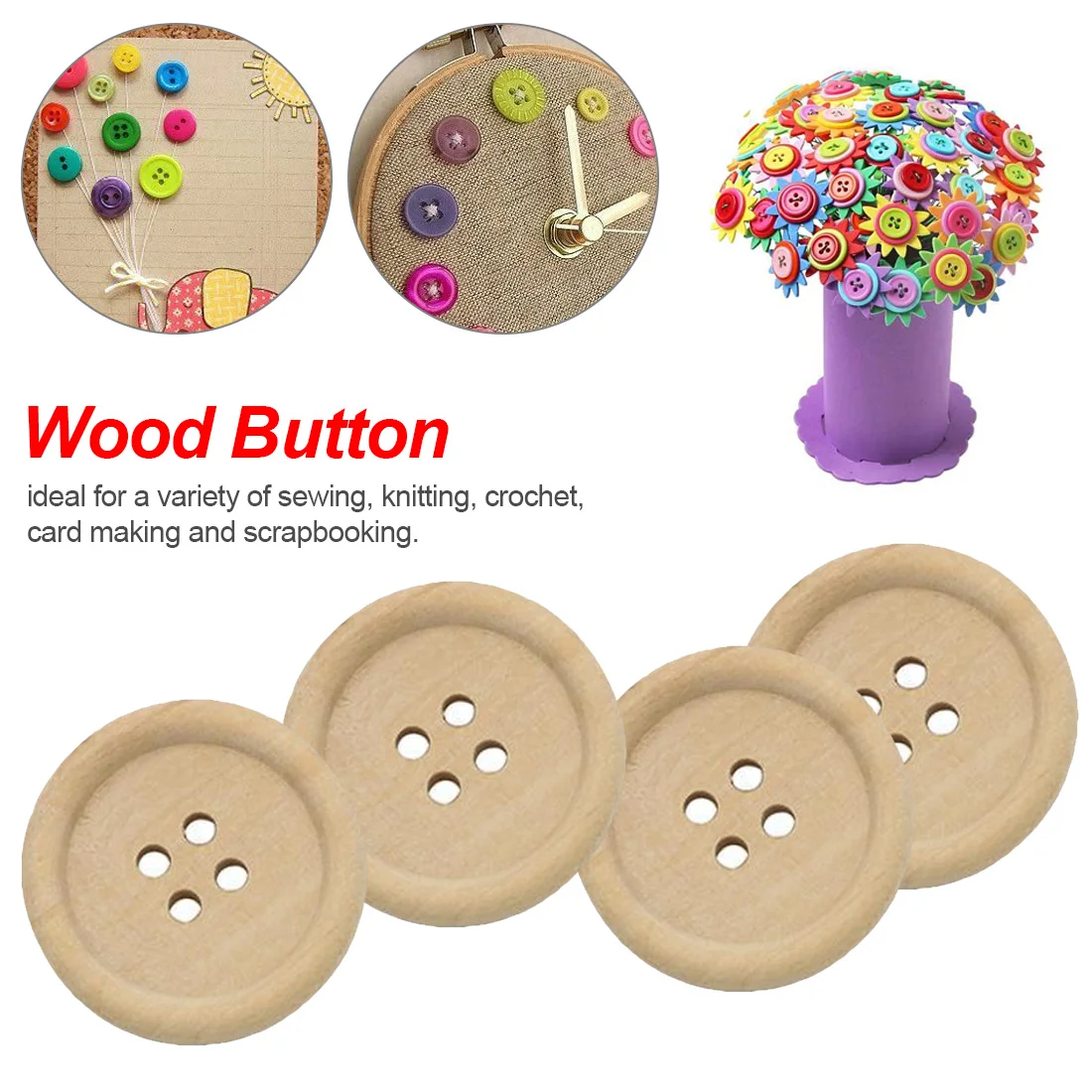 

New arrival 50 pcs Natural Color Wooden Buttons handmade round shape and 4-holes wood button craft DIY baby apparel accessories