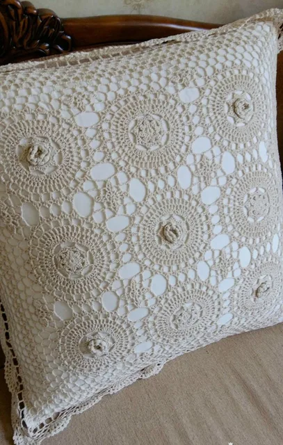 Large Size Knitted Crochet Cushion Cover Beige European Embroidered Large Size Knitted Crochet Cushion Cover Beige European Embroidered Pillowcover Handmade Elegant Bedding Pillowcase Sofa
