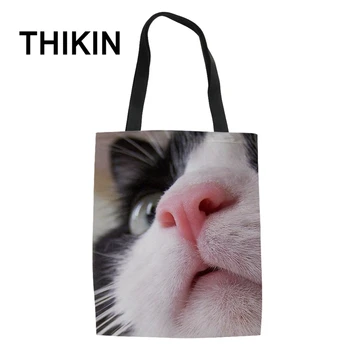 

THIKIN Cute Cat Baby Pattern Shopping Bags Ladies Casual Tote Canvas Shoulder Bag Student Books Storage Package Large Capacity