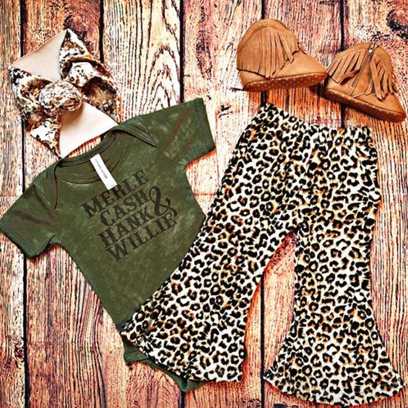 

Baby Girls Set 2019 New Summer Green Romper Tops+Leopard Printed Wide Leg Pants 2Pcs Suit Baby Kids Clothing Set