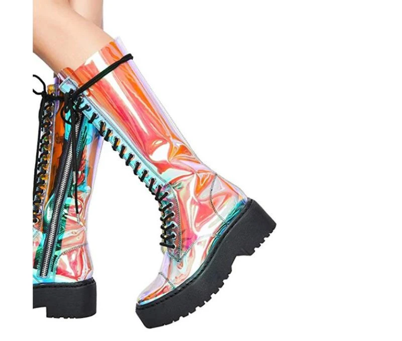 ARQA Botas planas de cuero transparente fluorescente mujer, botines sexys de PVC con encaje de pasarela, nueva ilusión, 2019|Botas hasta la rodilla| - AliExpress