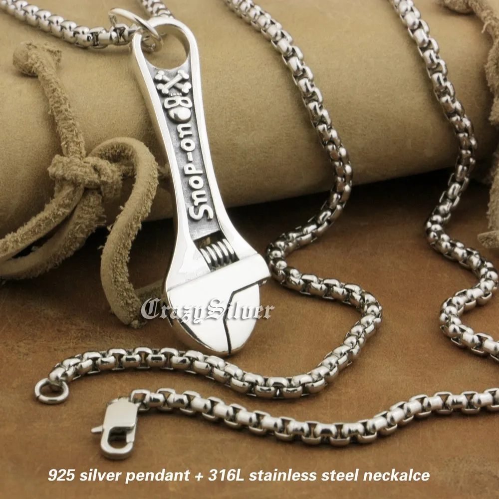 LINSION 925 Sterling Silver Wrench Pendant Mens Biker Rock Punk Pendant