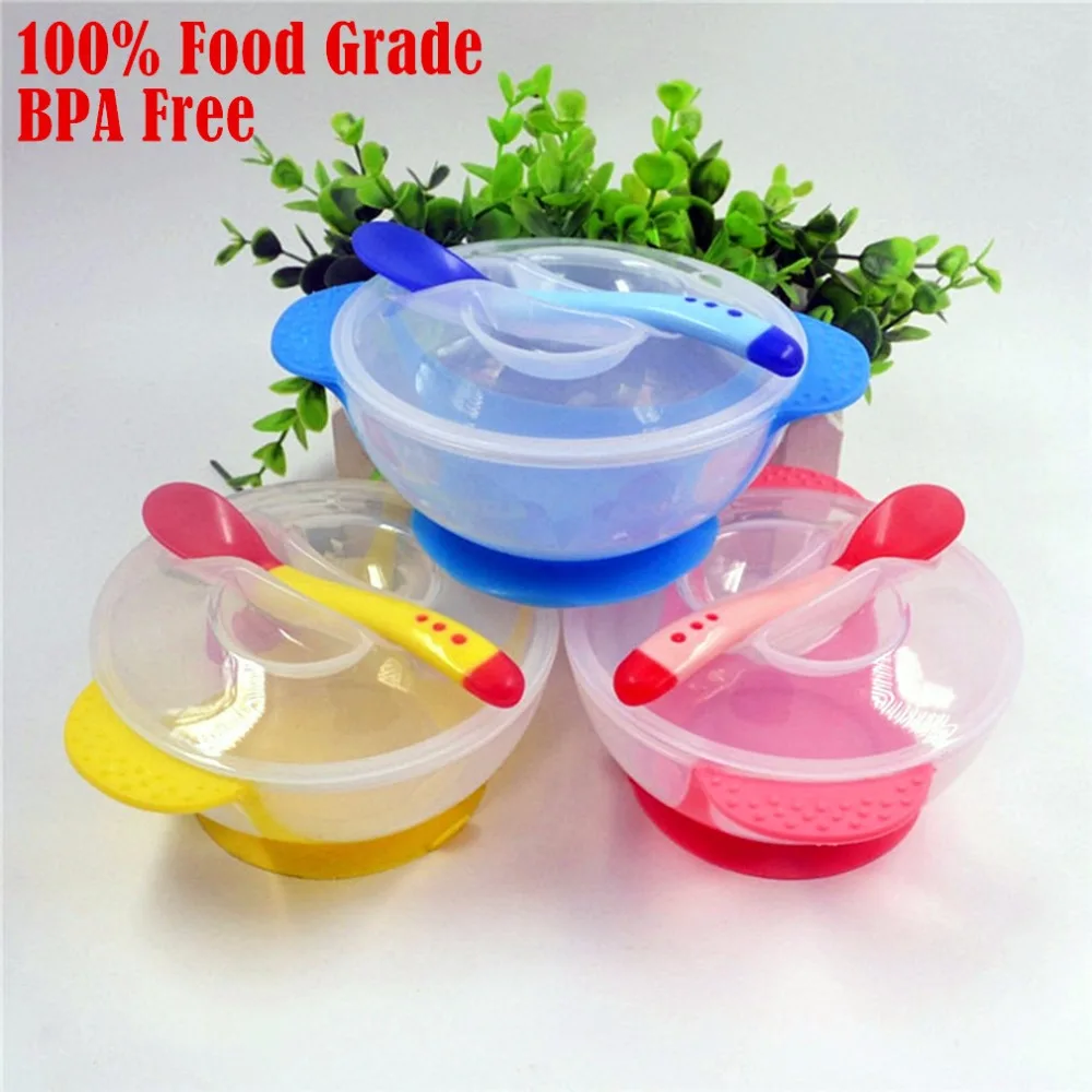 

Toddler Baby Kids Feeding Lid Training Bowl with Temperature Sensing Spoon Suction Spoon Baby Feeding Tableware Sucker Bowl Set