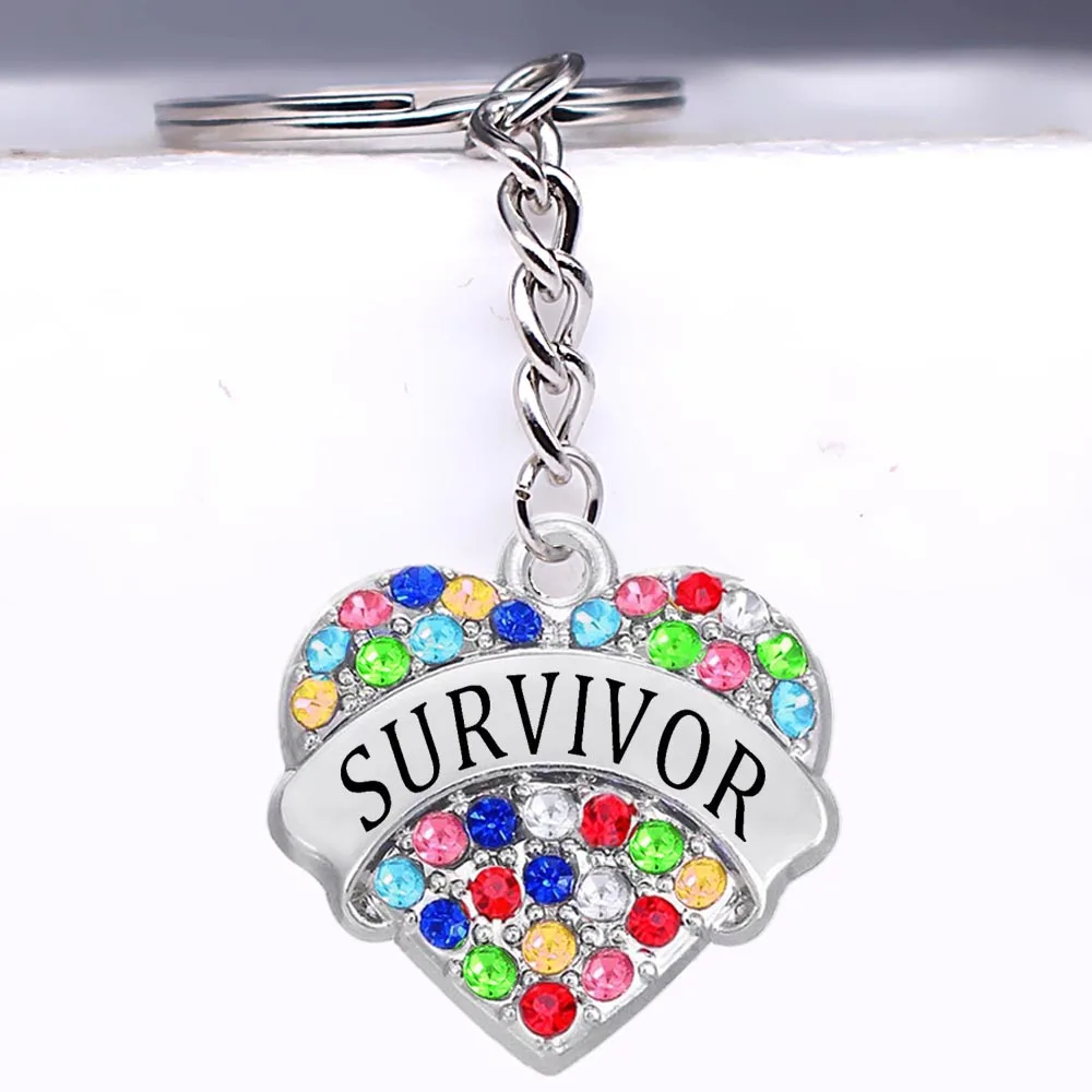 Exquisite Rhinestone inlaid heart-shaped metal lucky amulet jewelry keychain SURVIVOR bling pendant key chain | Украшения и