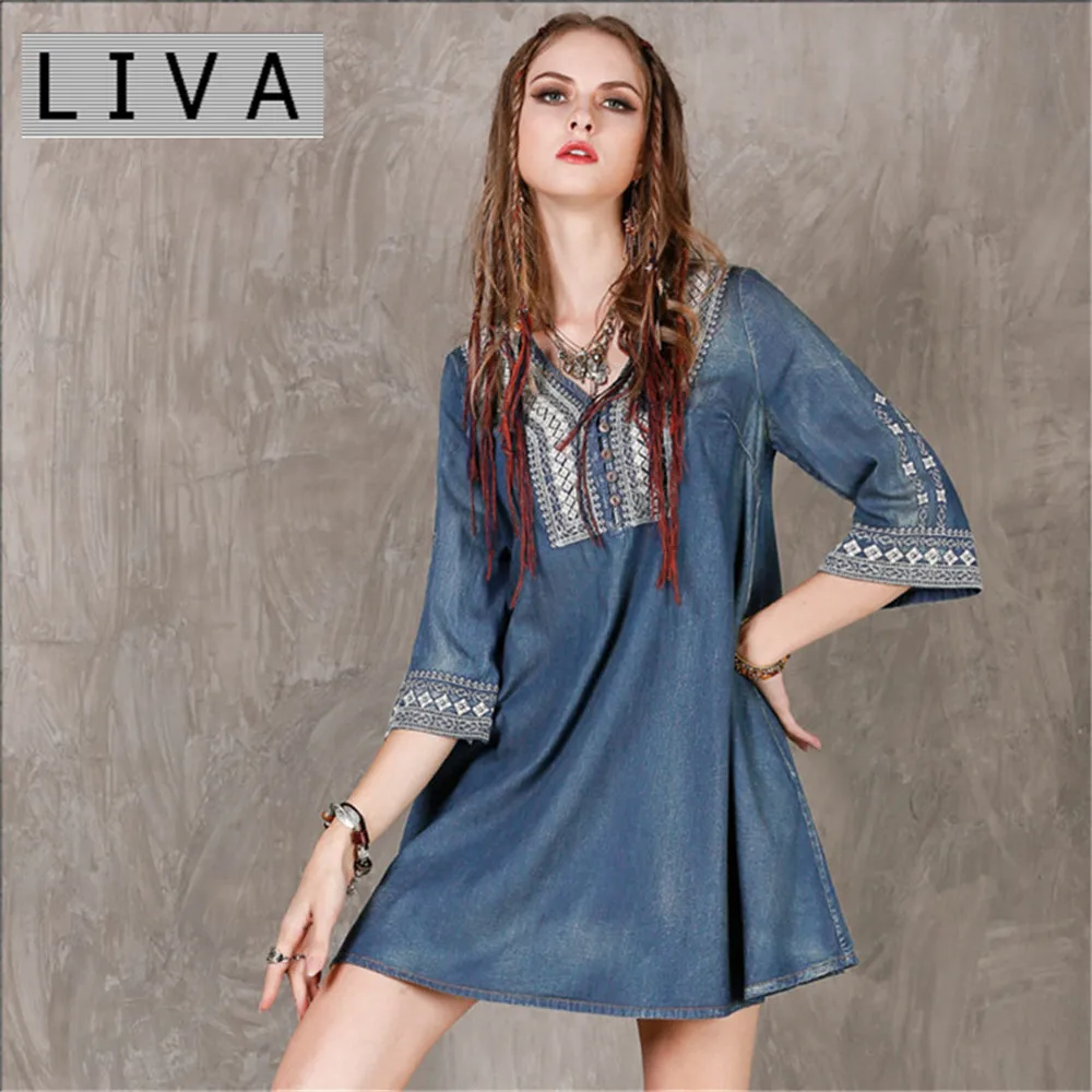 

Vintage Spring Dress 2017 LIVA New Denim Big Size Women Dresses V-Neck Loose A-line Embroidery Vestido Fashion Vestidos Feminino