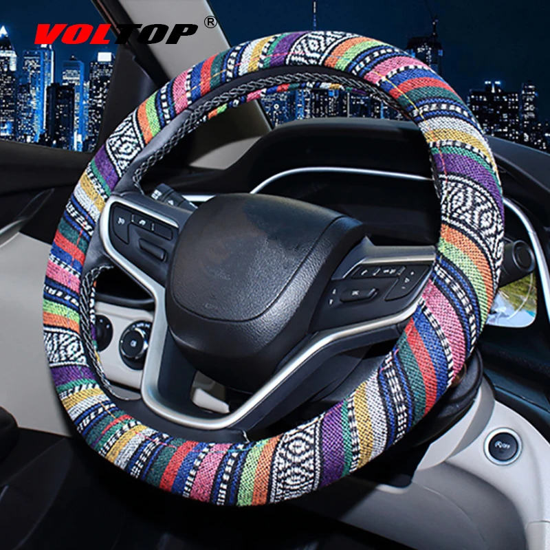 

Folk-custom Car Ornaments Flax Steering Wheel Cover Accessories Fashion Breathable Non-slip Four Seasons Universal 36-38cm